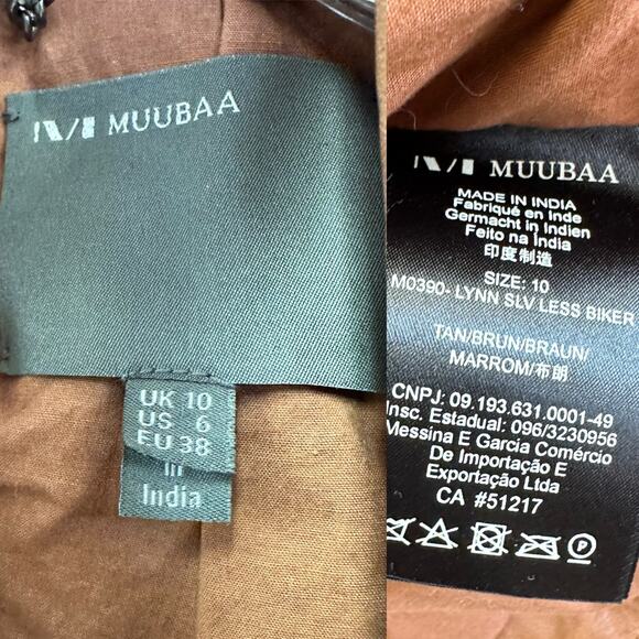 Muubaa Lynn Tan Brown Sleeveless Leather Biker moto jacket vest US Size 6 UK 10 - Picture 3 of 15